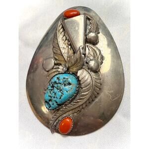 Vintage Southwestern Turquoise Coral Sterling Silver Pendant Leaf Concho